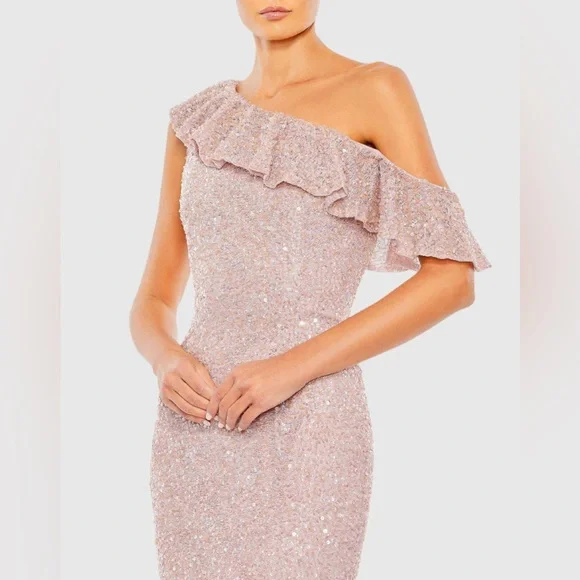 NWT $398 MAC DUGGAL FULLY Sequined Drop Shoulder Trumpet Gown DRESS MOCHA 5611 - Picture 3 of 8